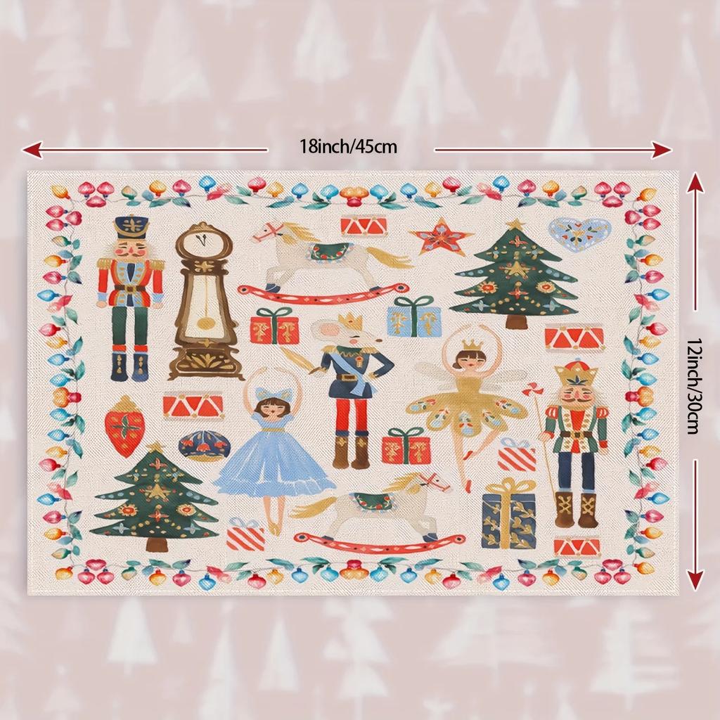 4pcs Festive Linen Christmas Placemats, 12x18 Inch Nutcracker & Holiday Motifs, Machine Washable Woven Rectangular Table Mats