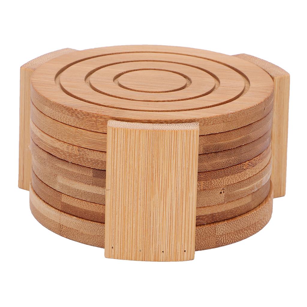 6PCS Bamboo Coaster with Holder Round Cup Mats Pad for Cold Drinks and Hot Beverage Home Supply