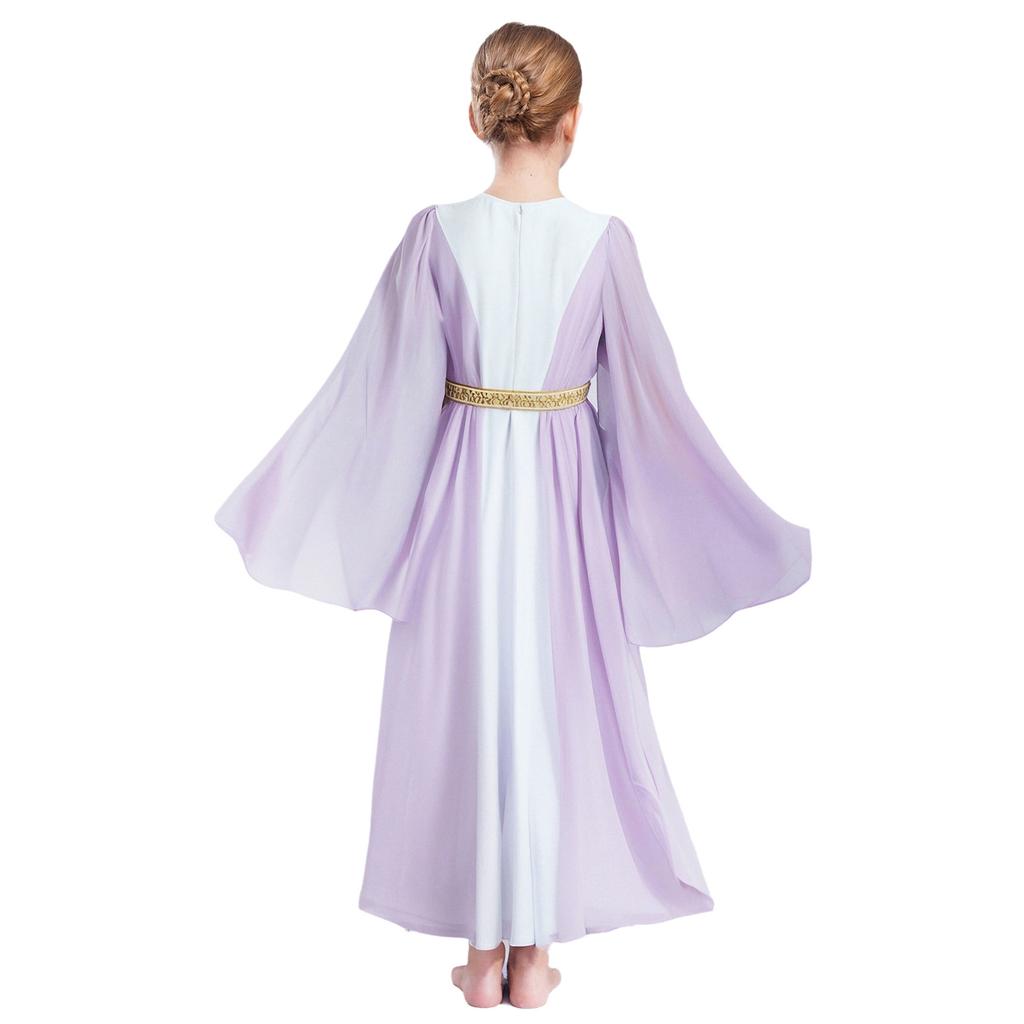 Girls Ancient Greek Roman Cosplay Costume Long Sleeve Golden Embroidery Dress Tulle Patchwork Halloween Gown
