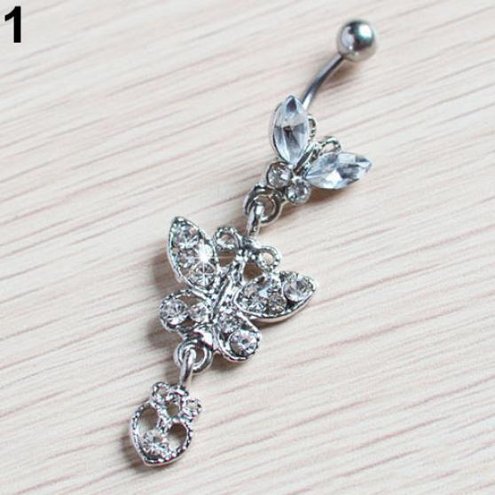 

Fashion Rhinestone Butterfly Dangle Belly Navel Curved Button Barbell Ring білий