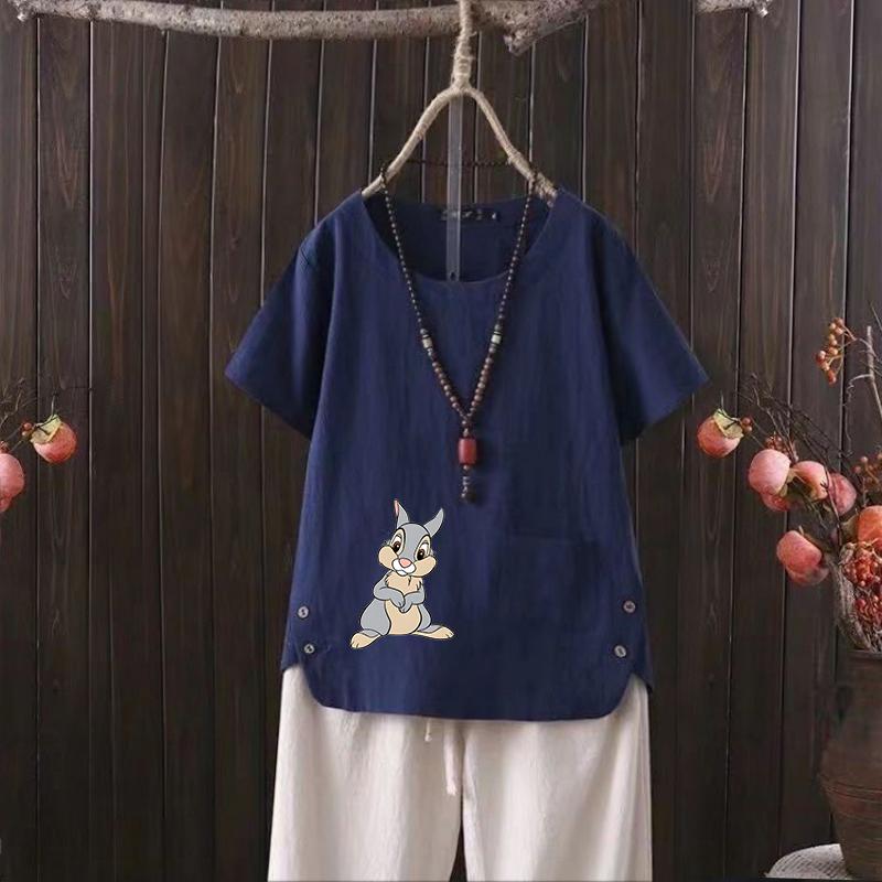 2025 Summer Women's Rabbit Series Print V-neck Cotton Hemp T-shirt - Trendy & Comfortable