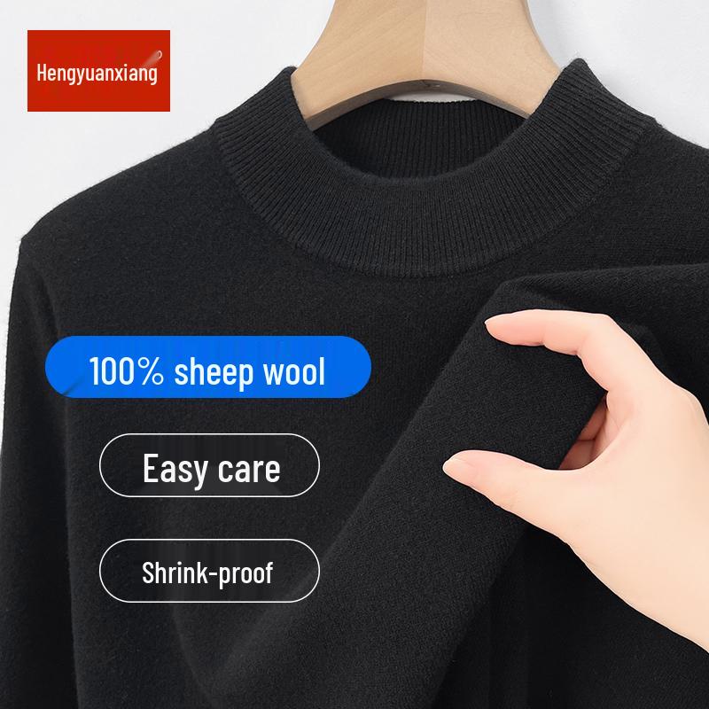 Hengyuanxiang Men's 100% Pure Wool Pullover, Round Neck, Thickened Winter Sweater for Middle-Aged Dads.