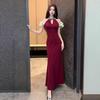 French beautiful sexy neck red fishtail dress long dress female royal sister style new waist slim dress