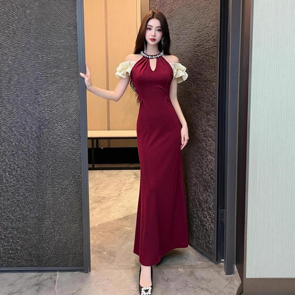 French beautiful sexy neck red fishtail dress long dress female royal sister style new waist slim dress