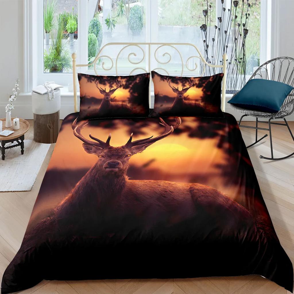 Deer Duvet Cover King/Queen Size,wildlife Bucks Fire Pattern Print Bedding Set For Teens Adults Men,Brown Elk Animal Quilt Cover