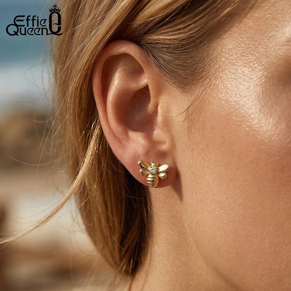 Effie Queen 925 Sterling Silver Cute Insect Bee Stud Earrings Cubic Zircon Animal Bee CZ Earring Wedding Party Jewelry APE155
