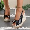 Damen Leder Sommer Keilabsatz Damen Große Größen Mittelhoher Plateauabsatz Schwarz Bequeme Retro Sandalen für Damen
