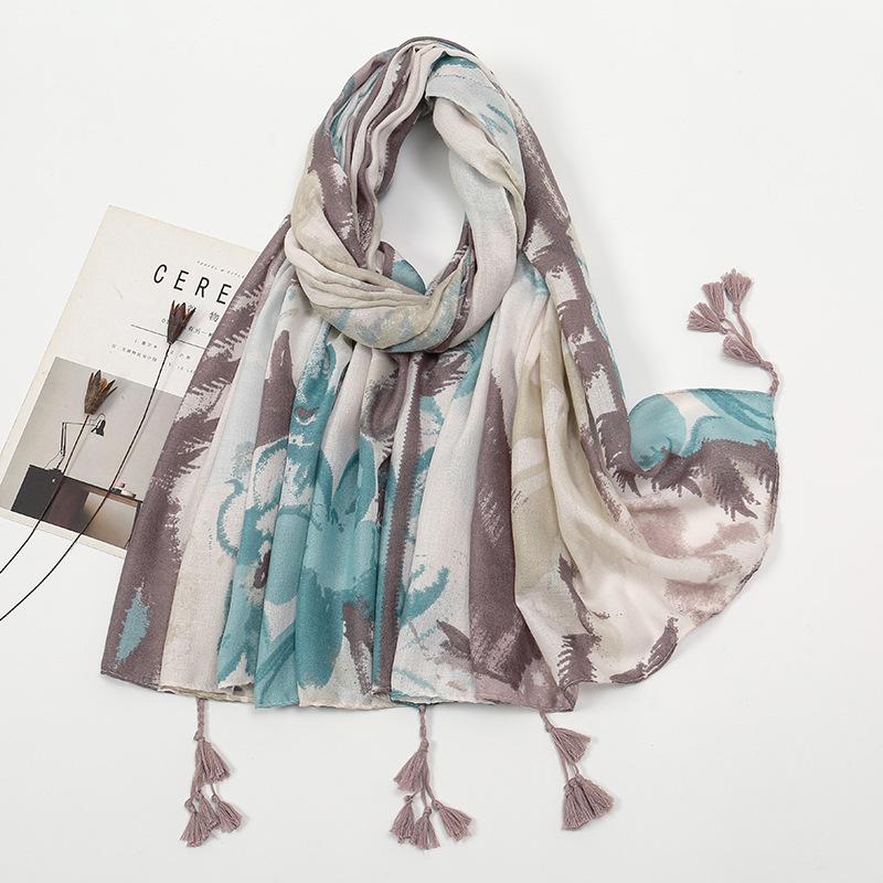 Spring and summer new cotton and linen feel hanging beard tassel long scarf travel photo shawl woman
