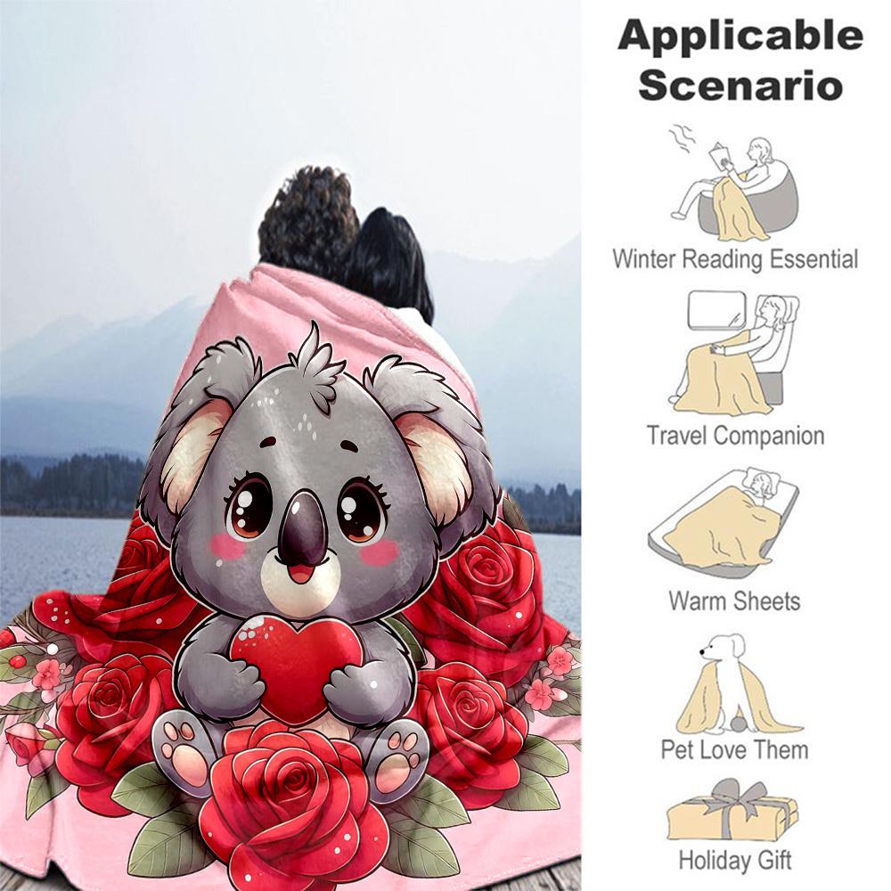 1pc Koala Heart Outdoor Flannel Blanket Soft Warm All-Season Throw for Sofa Bed Car Camping Office, Cozy Gift Idea1322S