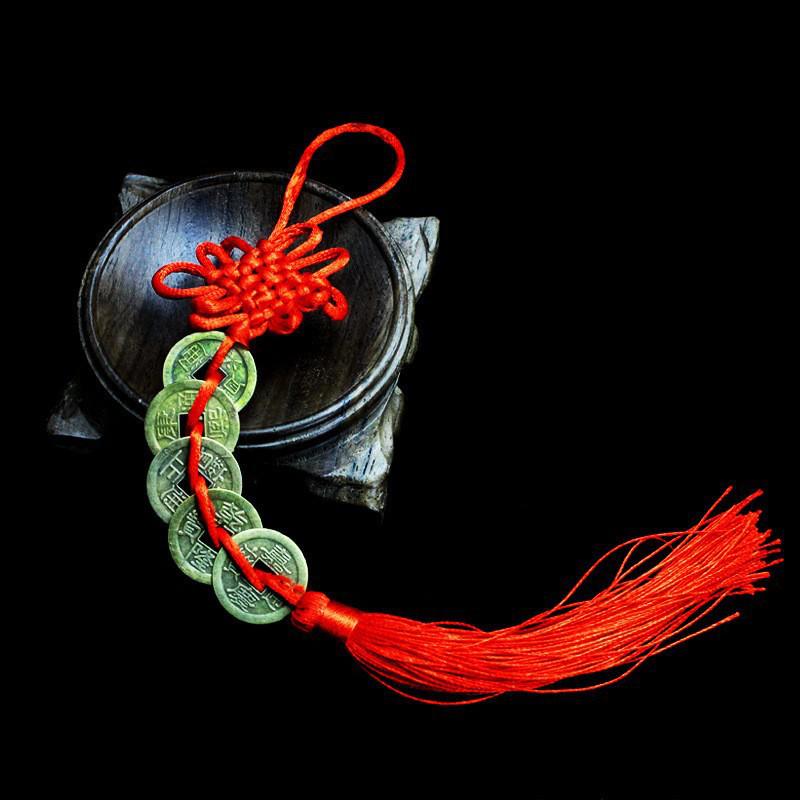 Copper Gourd Five Emperors Coins Chinese Knot Feng Shui Hanging Ornament for Car or Door.