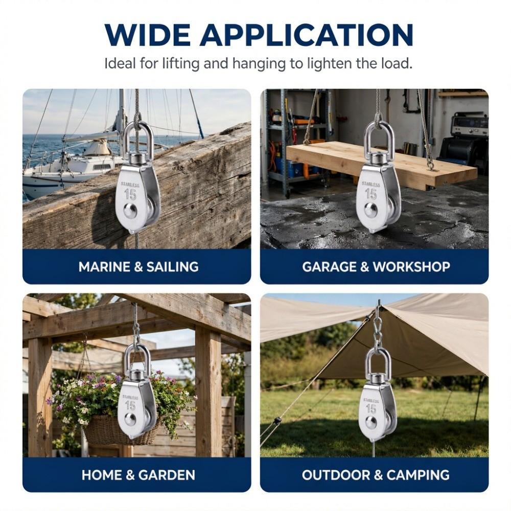 4pcs Silver Single Wheel Pulley 304 Stainless Steel Rope Pulley Block Snap Hook Pulley Hanging