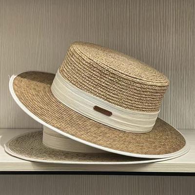 Modischer Französischer Klassiker Flache Krone Palmenblatt Raffia Stroh Gespleißte Sommerhut Für Damen Elegante Urlaubs-Strandkappe Hochwertig