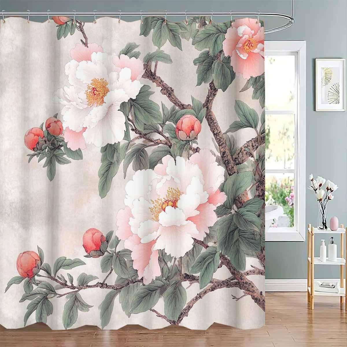 

1Pc Floral Shower Curtain With Pink & White Blooms, 12 Hooks, Polyester Fabric, Machine Washable, Elegant Bathroom Decor For All W60H190(CM)-1 Pcs