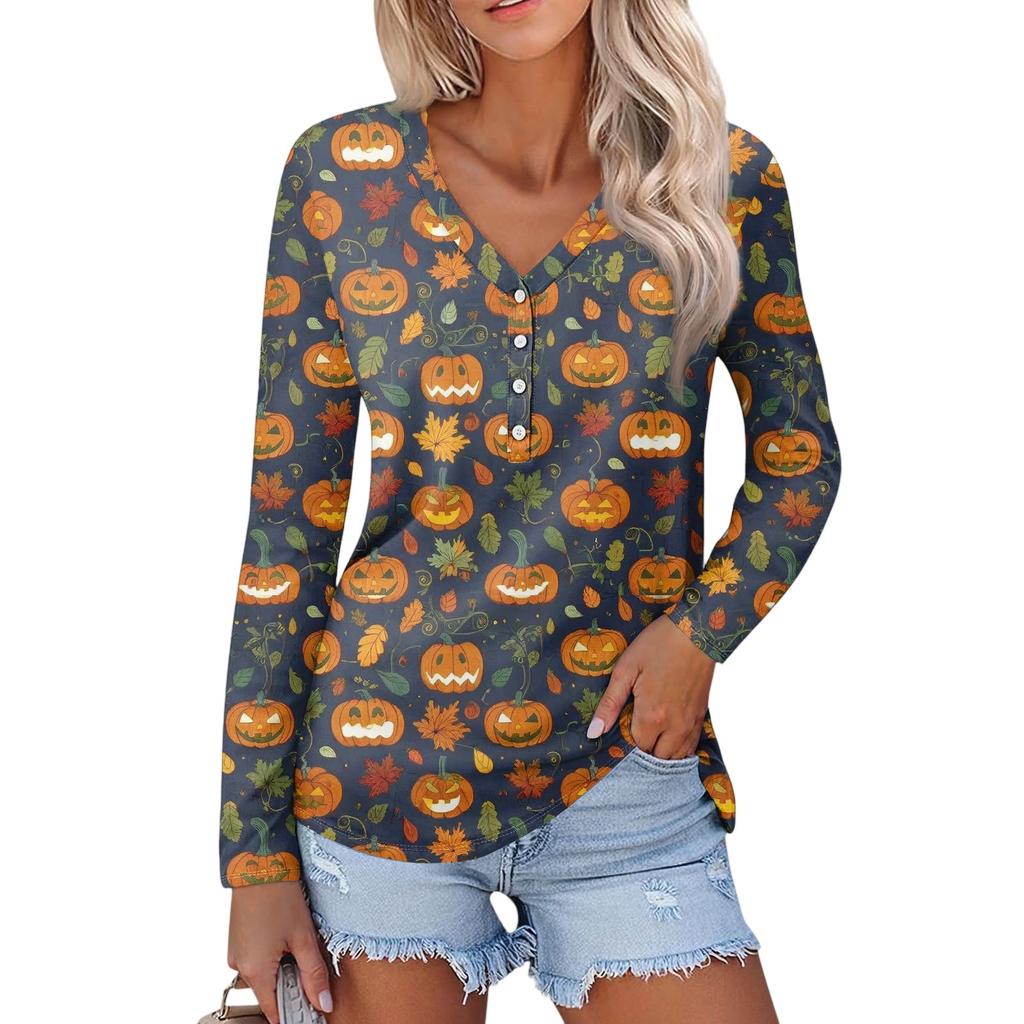 Women's Casual Fashion Sexy Comfort Halloween Printed V-Neck Button Long Sleeve