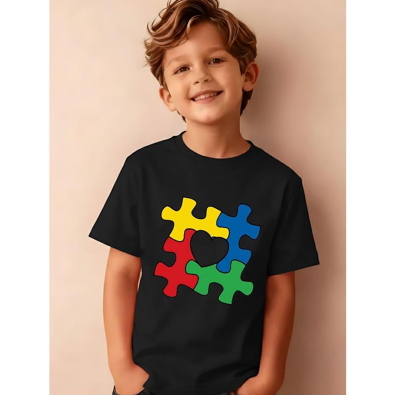 

European Size Boys Round-neck Short-sleeved T-shirt with Colorful Jigsaw Pattern Print 98cm