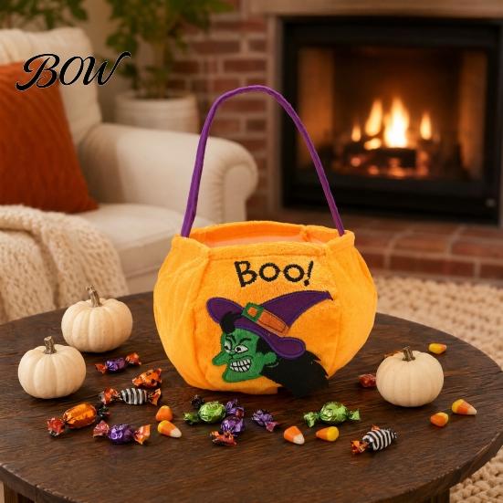 Halloween Gift Bag for Kids Trick or Treat Bucket, 9.8x5.9 Inch Pumpkin Witch Black Cat Plush Large Capacity Candy Holder Tote Bag, Soft Basket