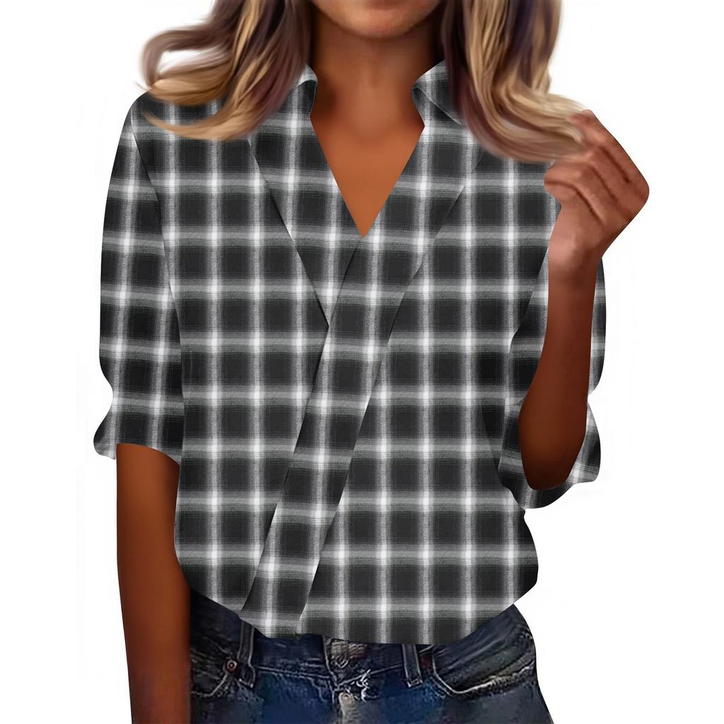 Dámské topy s 3/4 rukávem, košile s výstřihem do V, trendy potištěné, business casual pracovní halenky