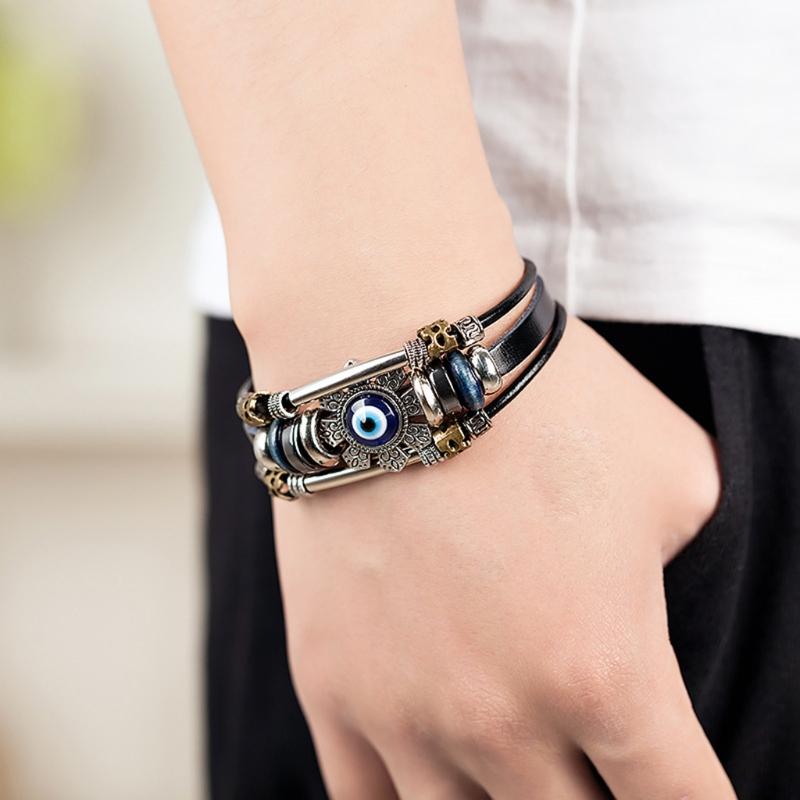 Lucky Eye Turkish for Evil Eye Bracelets For Men Women Punk Style Flower Handmade Jewelry Multilayer Black Leather Bangl
