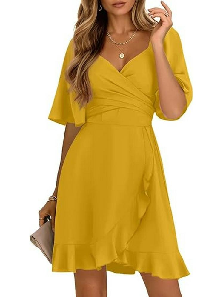 2026 V-Neck Solid Color Ruffle Summer Dress for Women - Stylish Waist-cinching European and American Fashion