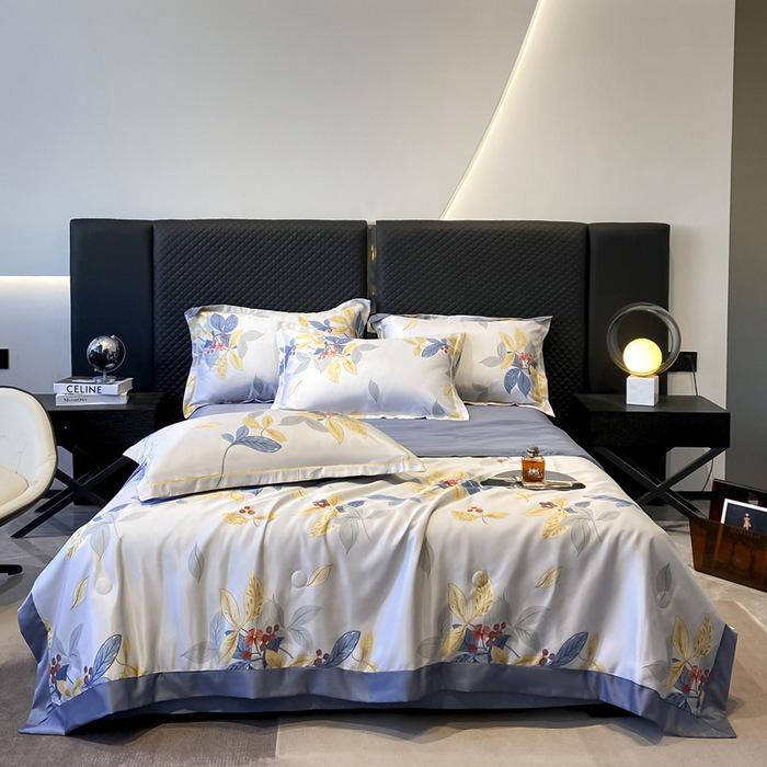 Printed Tencel Summer Quilt 4-Piece Set - Cooling Ice Silk for Naked Sleep, Smooth Gift Quilt