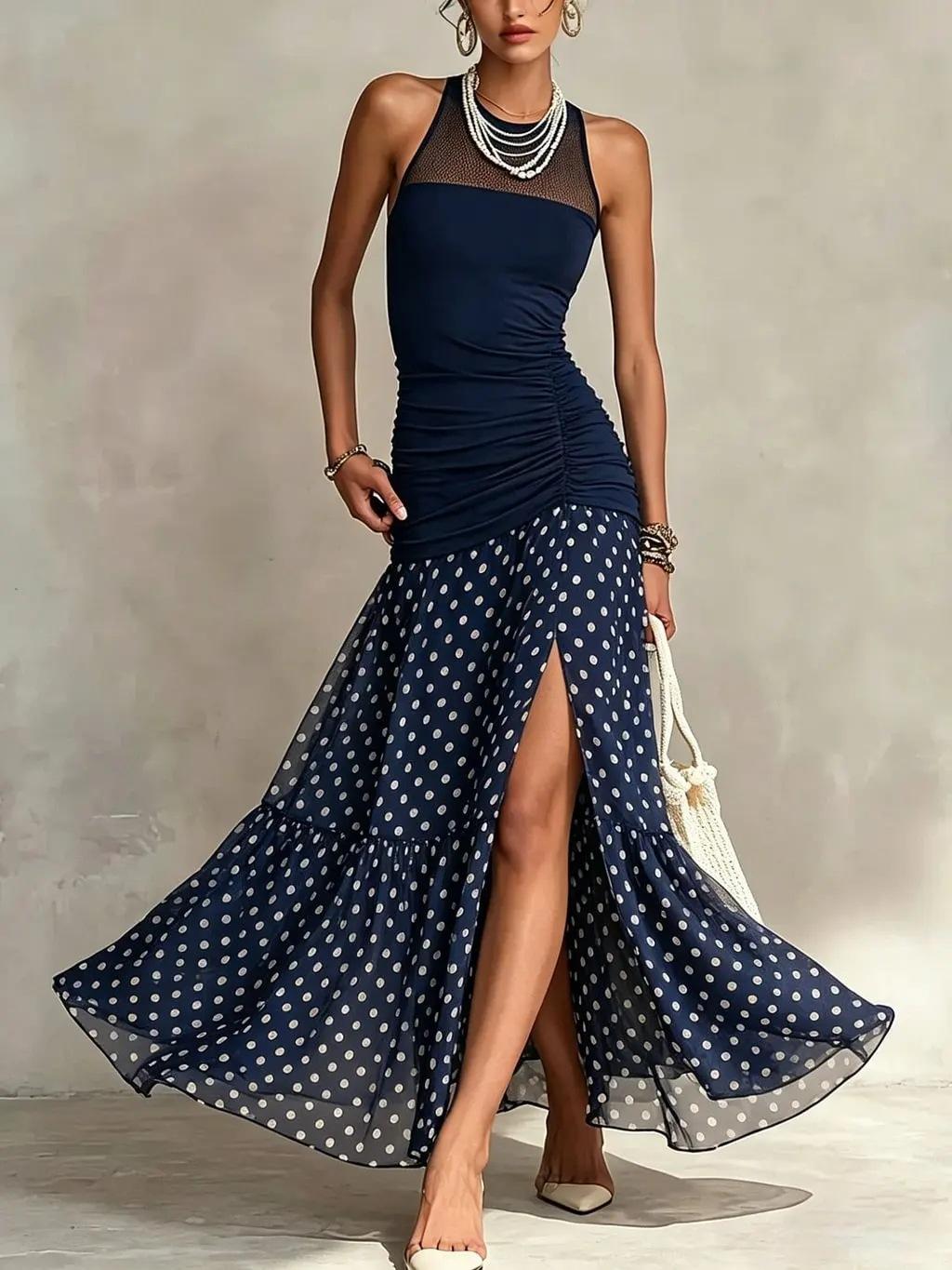 New summer women s elegant fishtail dress commuter sleeveless sexy polka dot chiffon dress S