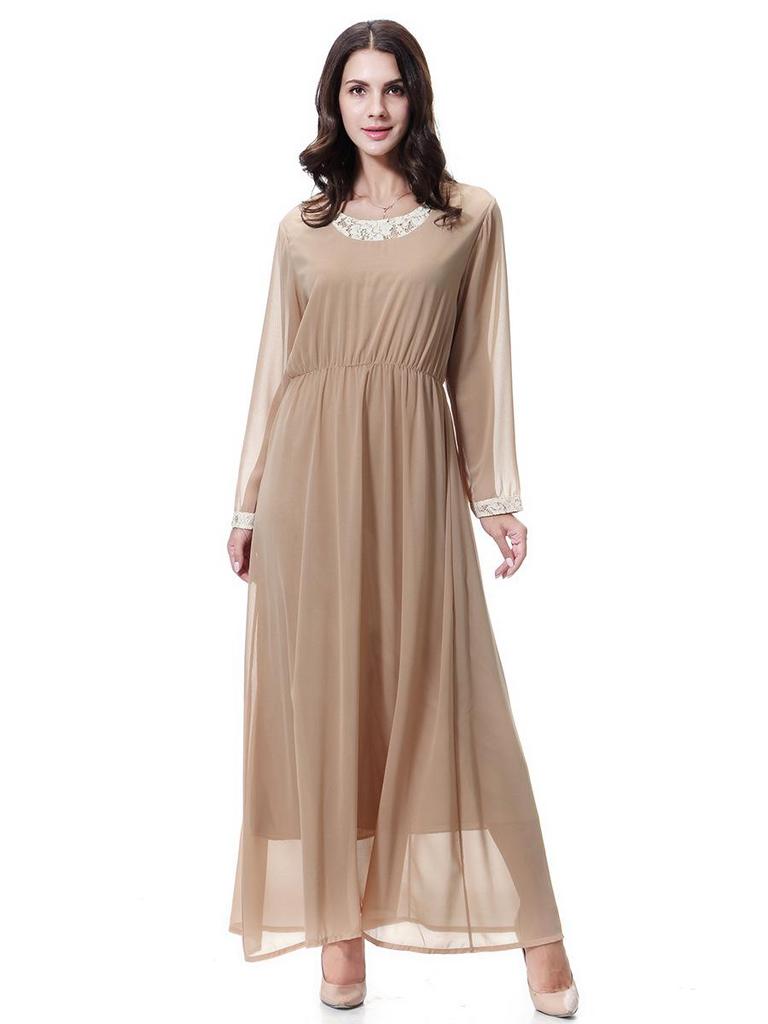 Women's Chiffon Lace Maxi Dress with Round Neck and Long Sleeves, TH923
