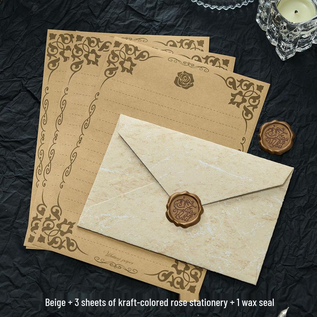 Gilded Envelope & Letter Paper Set - Embossed Texture, Straits Style, Handwritten Love Letters with Wax Seal for Valentine's Day