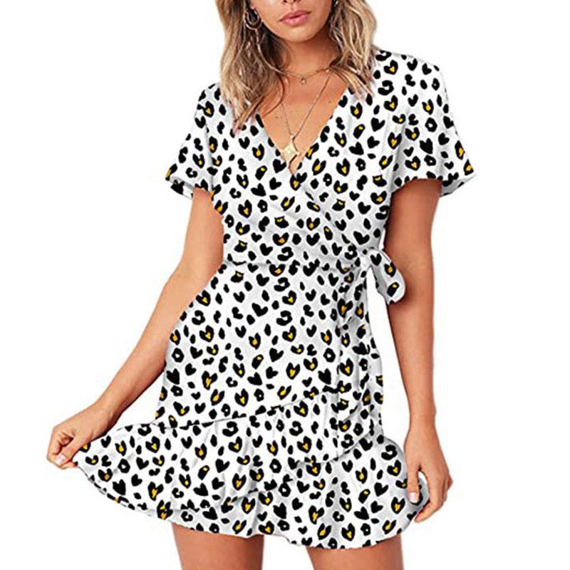 Summer V-neck Printed Short-sleeved Skirt, Lace-up Ruffled Dress, Fashionable, Sexy, Elegant and Generous Ladies Long Skirt