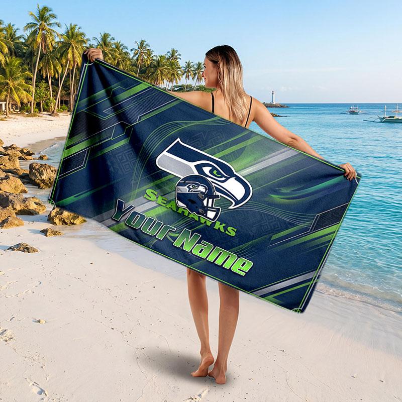 Seattle Seahawks Customized Name Text Beach Towel, Soft Absorbent Towel Beach Pool Travel Personal Gift