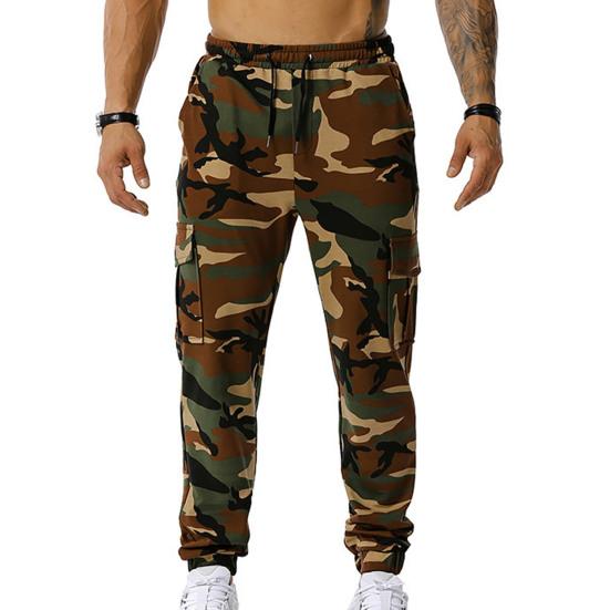Men Sweatpants Camouflage Drawstring Elastic Waist Multi Pockets Streetwear Loose Ankle Tied Cargo Pants for Training Running Fitness