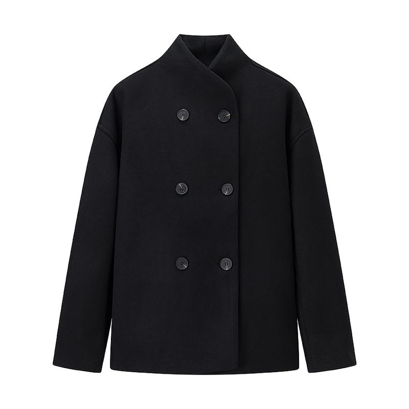Autumn New Women's Clothing Korean Style Minimalist Stand Collar Long Sleeves Loose Double Breasted Short Woolen Overcoat Outwear