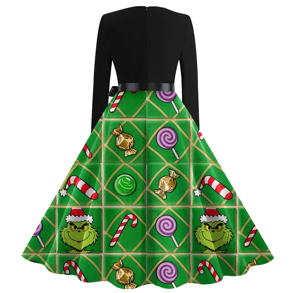 Ladies' Fashionable Retro Long Sleeved Square Neck Christmas Printed Evening Dress Dress