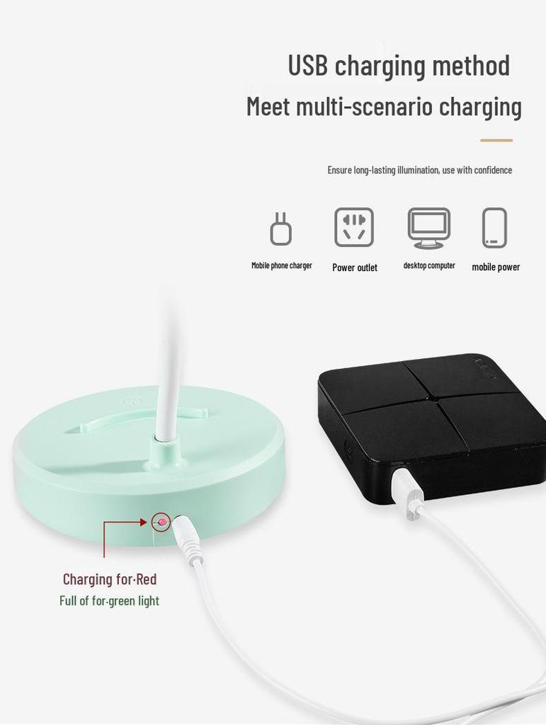 LED Desk Lamp with Eye Protection, Three-Level Dimming, USB Charging & Plug-in, Dual Use for Bedroom or Dorm.
