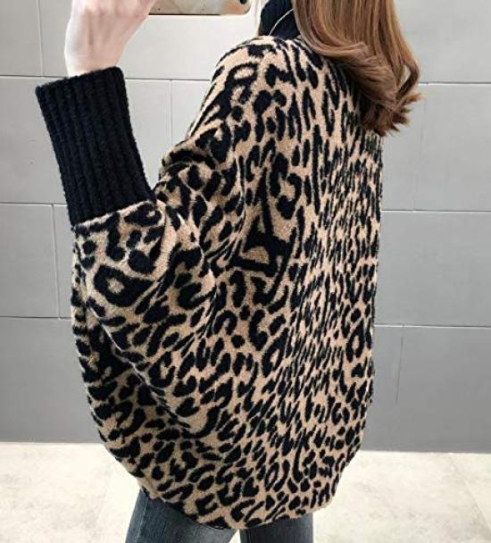 QYY Knit Loose Leopard High Dolman Fashionable Top for and Winter Women's Sweater, Fit, Pullover, Print, Neck, Sleeves, Spring, Autumn, (Black V-Neck)