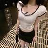 Sweet and Spicy Fake Two-piece Bow Lace Short-sleeved T-shirt Women's Slim and Thin Short Inner Top Trendy