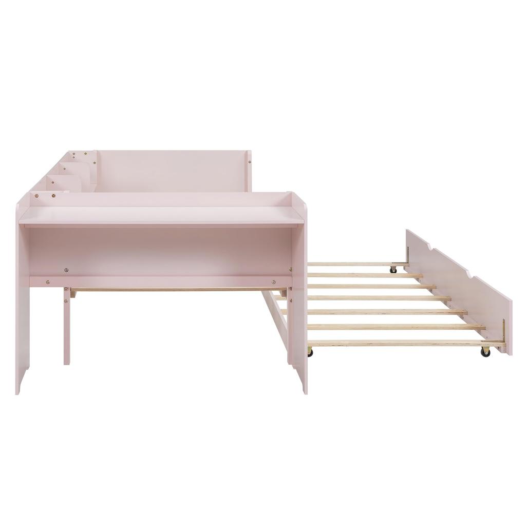 Slaapbank gestoffeerd bed 90 x 200 cm, Uittrekbed met wielen, met bureau, drie planken aan de zijkant van het bed, Zonder matras