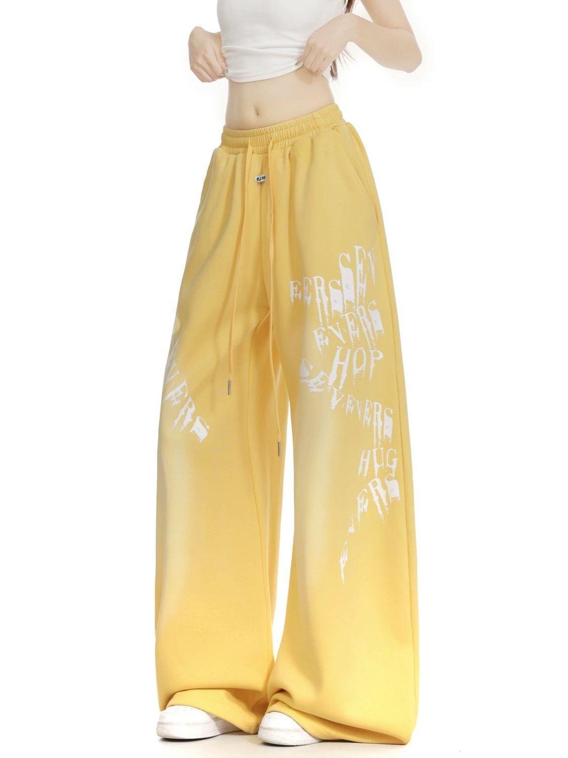 American retro gradual change letter printing casual sweatpants women s trend versatile lazy drape wide-leg jazz hip-hop pants S жёлтый