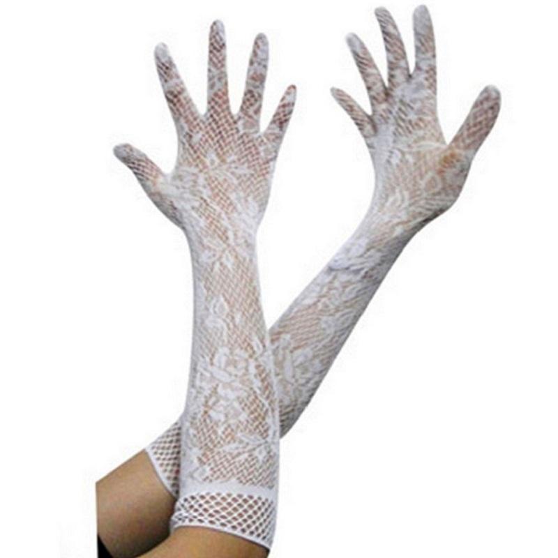 Ladies Sexy Transparent Mesh Floral Elastic Bride Long-sleeve Lace Gloves Gothic Punk Mittens Cosplay Fancy Dress Gloves