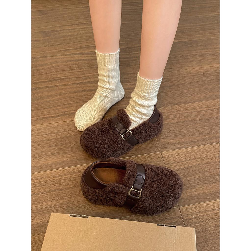 Retro non-slip thick-soled fluffy shoes for winter wear 2025 to increase the height, add fleece to keep warm, and wear Birkenstock cotton shoes for