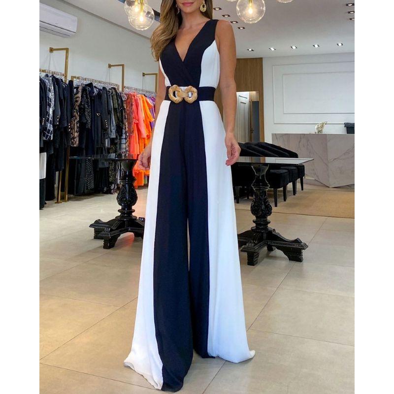 

Sexy Color-Blocking Jumpsuit Sexy Color Block Pants-without Belt Black S