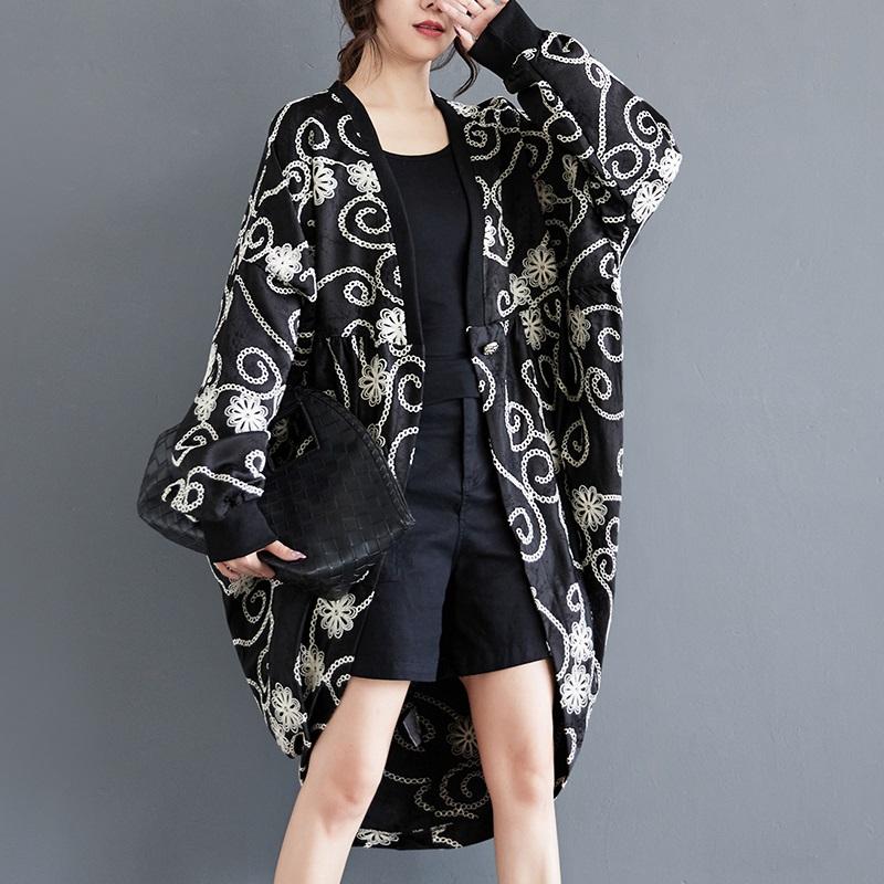 Jacquard Plus Size Schwarz Vintage Casual Loose Long Trenchcoat für Herbst Frühling Damen Kleidung Oberbekleidung