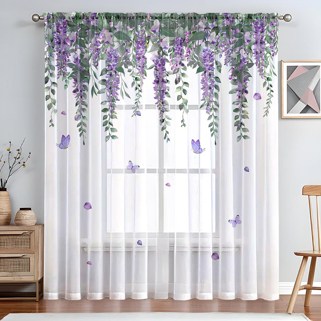 1PC Art Deco Style Sheer Curtain Tiers, Pastoral Flower and Butterfly Print,Rod Pocket, No Bleach, Clear Opacity, for Bedroom, Living Room