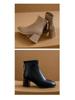 Women's French Soft Leather Ankle Boots, Velvet-Lined, Chunky Heel, Slim Fit, 2025 Autumn/Winter Collection