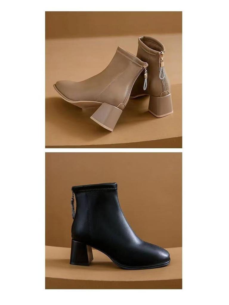 Women's French Soft Leather Ankle Boots, Velvet-Lined, Chunky Heel, Slim Fit, 2025 Autumn/Winter Collection