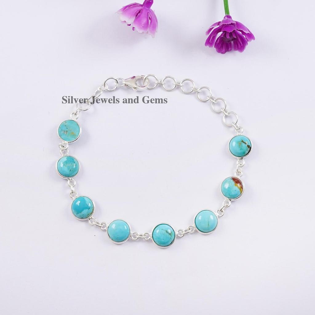Natural Turquoise Bracelet, 925 Sterling Silver Bezel Bracelet , Handmade Round Gemstone Bracelet, Anniversary Gift