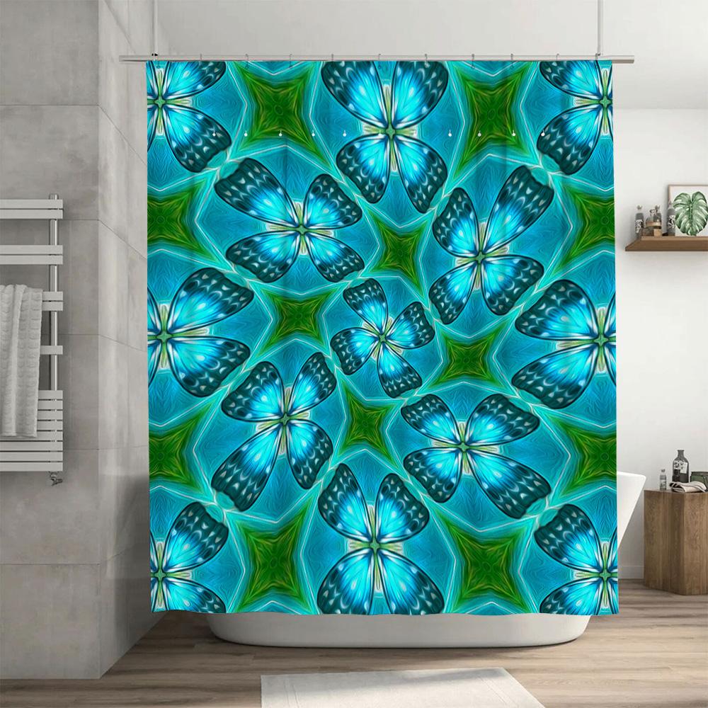 Blue Butterfly Pattern Shower Curtain Bathroom Decor for Girls, Waterproof Fabric with Hooks Set 72 x 84 Inches (Large Size) [Pr