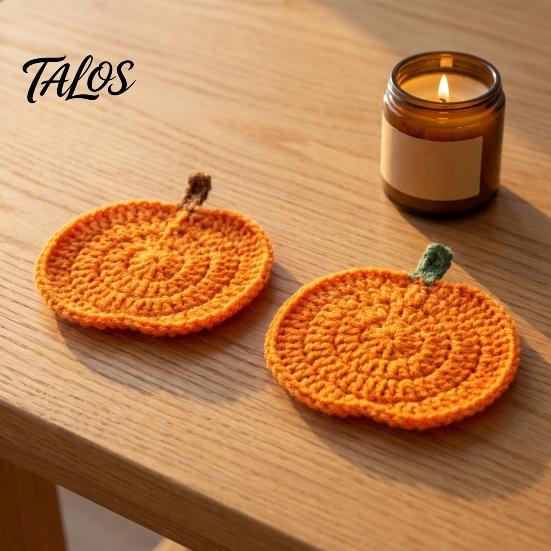 Crochet Pumpkin Cushion Handmade Coasters, Soft Polyester Coffee Mats, Decorative Fall Coasters Autumn Themed Farmhouse Dining Accessories for Kitchen