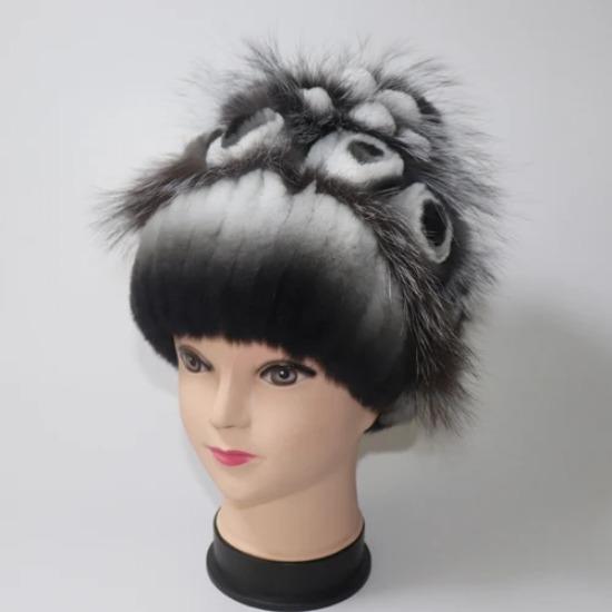 Winter Hand Knitted Real Rex Rabbit Fur Hat Women Warm Quality Rex Rabbit Fur Hats With Fox Fur Lady Natural Soft Real Fur Caps