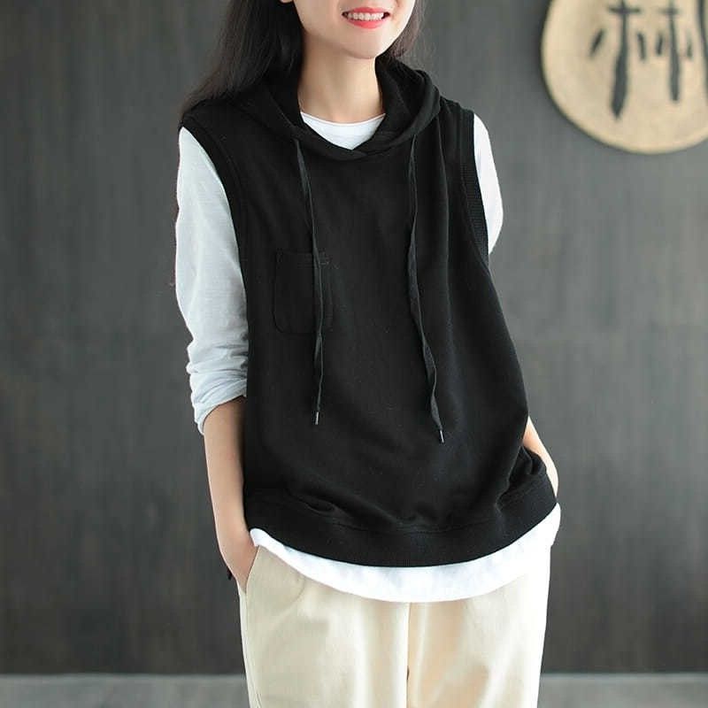 Women's Hooded Sleeveless Knit Vest Loose Fit Casual Cotton Pullover Tank Top
