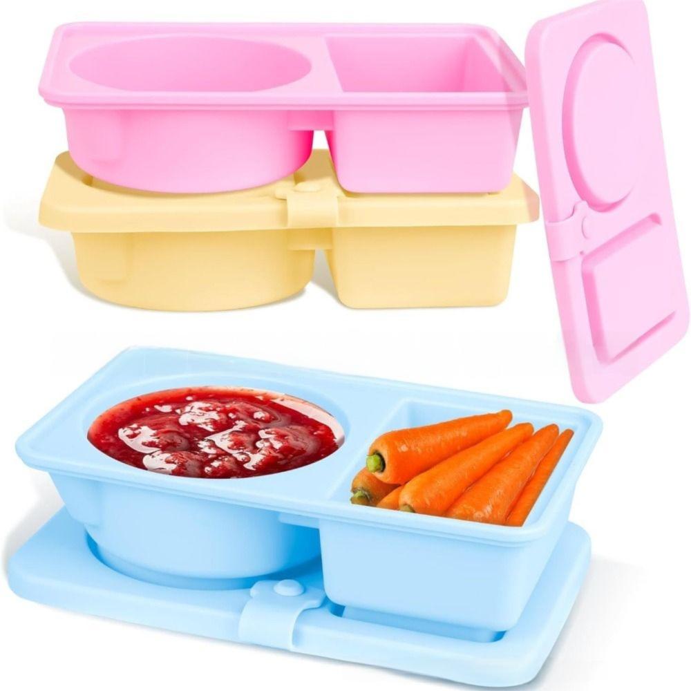 Durable Silicone Snack Containers Reusable with Lids Food Snack Boxs Mini Double Compartment Condiment Bowls Kitchen Gadgets
